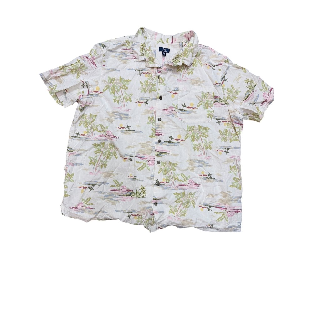 George Shirt Mens 3XL Tropical Palm Tree Print Linen Blend Short Sleeve White